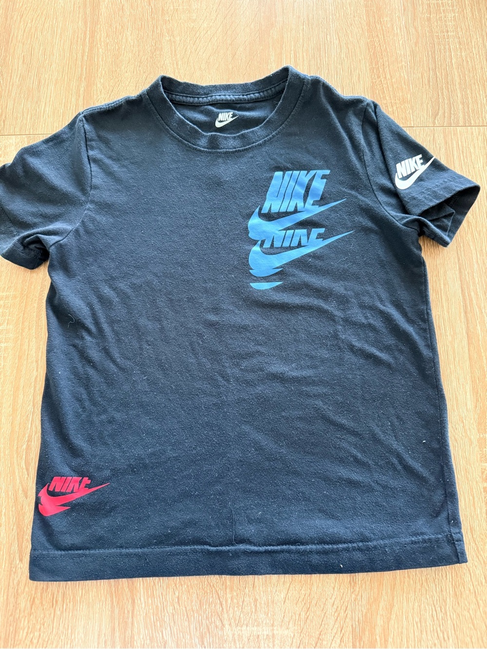 Nike Black Short-Sleeve Tee with Blue and Red Logos